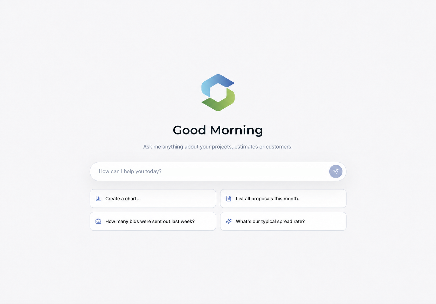 Stellar AI welcome screen with a prompt field and suggested construction questions.